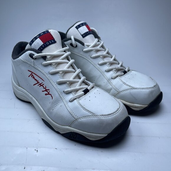 Vtg Tommy Hilfiger Men 7 US Sneakers White Leather Red Logo Retro 90s Rare Read* - Picture 1 of 16
